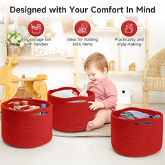 Maxuni round woven red basket highlights durable cotton rope for neat shelves.