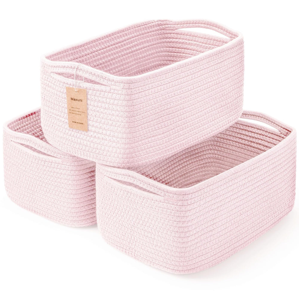 Maxuni shelf baskets on a shelf showing 3-pack organization for clutter-free storage