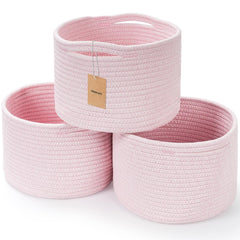 Maxuni small rope basket pink side view shows sturdy vertical storage on shelf.