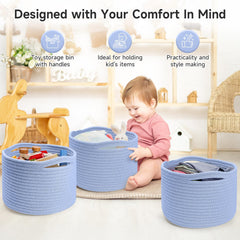 Maxuni small rope basket skyblue stands on shelf for organized living spaces.