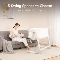 Maydolly bassinet height adjustment shown aligning with bed height