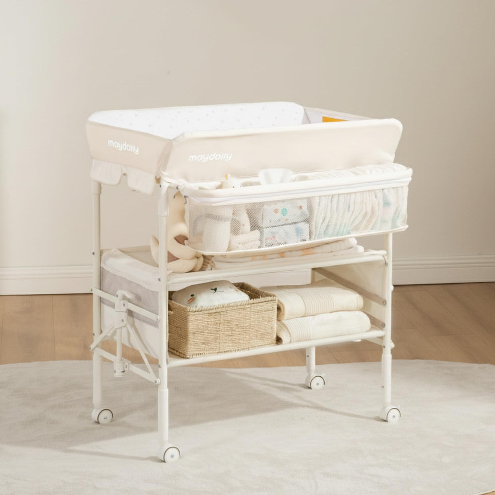 Maydolly baby changing table folded compact for travel and small spaces.