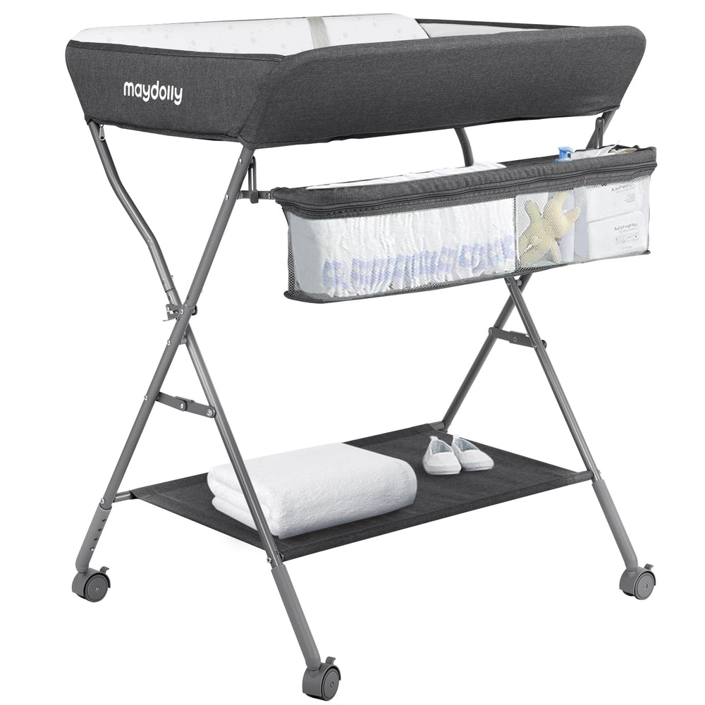 Maydolly changing table with wheels shows adjustable height for comfortable diaper changes