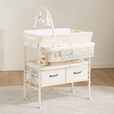 Maydolly changing table with wheels beige, front view for easy mobile diaper changes.