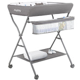 Maydolly changing table with wheels, foldable top for easy transport and space saving.
