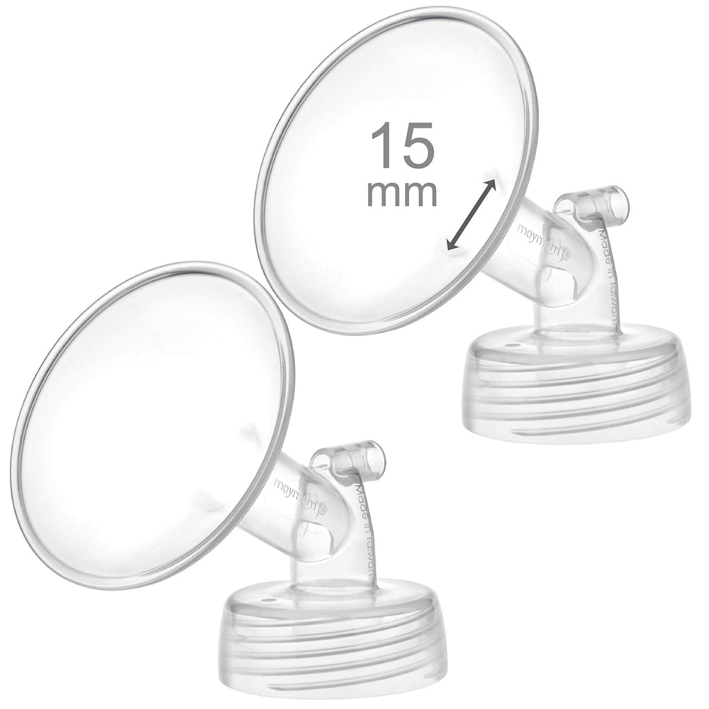 Maymom 15mm wide-neck flange close-up showing BPA-free construction for safe pumping