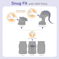 Maymom 17mm breastshield side view highlighting secure seal for comfortable pumping.