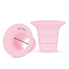 Maymom 19mm flange insert pink, Elvie-compatible, front view shows snug fit.
