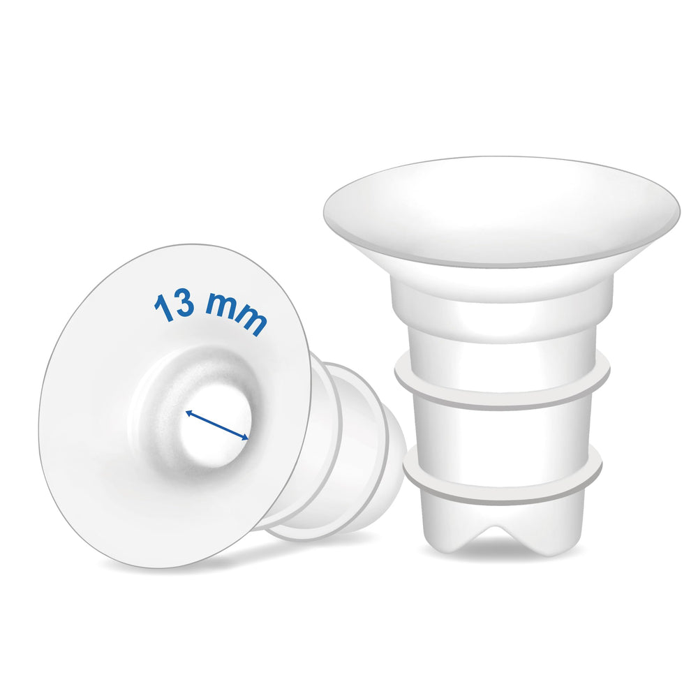 Maymom 13mm inserts shown with Medela/Spectra compatibility for a smaller fit.