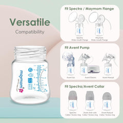 Maymom storage bottle shows nipple compatibility for direct pumping convenience.