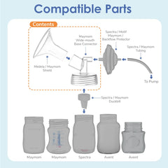 Two-piece flange by Maymom enables easy disassembly and thorough cleaning.