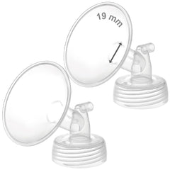 Maymom wide neck pump part with dual 19mm flanges for Spectra S1/S2 compatibility, comfortable pumping.