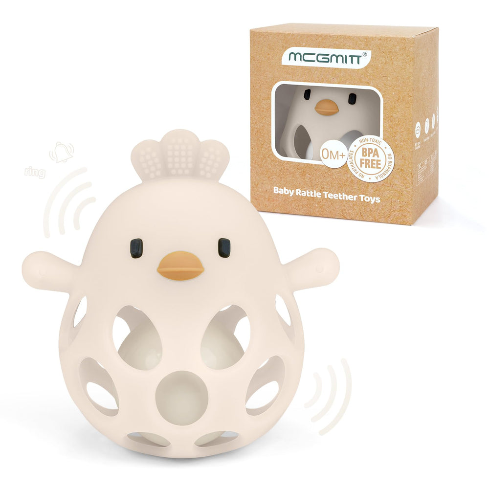 MCGMITT teether chick closeup showing textured silicone surfaces for soothing gums.