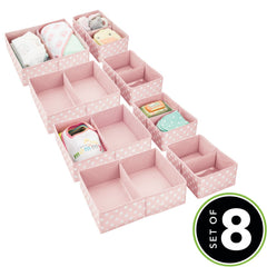 mDesign fabric drawer bin pink polka dot side view ideal for shelves or drawers.