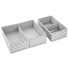 The mDesign fabric drawer organizer bin in gray polka dots keeps drawers tidy and contents visible.