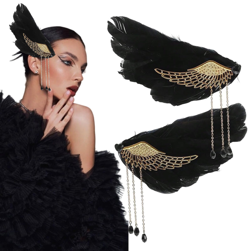mdgfge black feather hair clip angel-wing closeup for wedding styling