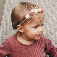 Mealah baby headband with soft nylon flowers lilac closeup for everyday wear.