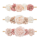 Mealah baby headband with soft nylon flowers rose closeup for newborn photography.