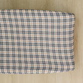 Mebie Baby changing pad cover in vintage plaid closeup shows soft muslin texture for baby skin.
