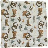 Mebie Baby Outlaw Cowboy Swaddle closeup highlights soft breathable muslin for baby comfort.