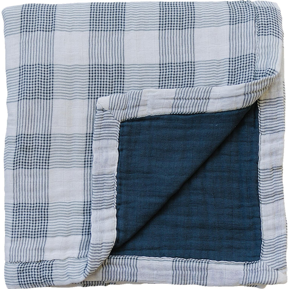 Mebie Baby quilt coastal plaid navy; soft muslin blanket for newborns and toddlers.