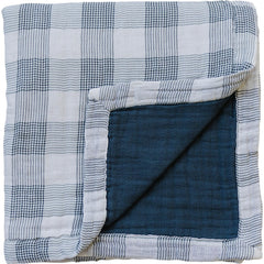 Mebie Baby quilt coastal plaid navy; soft muslin blanket for newborns and toddlers.
