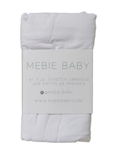 Mebie Baby white stretch swaddle demonstrates generous 47x47 inch size for secure wrapping.