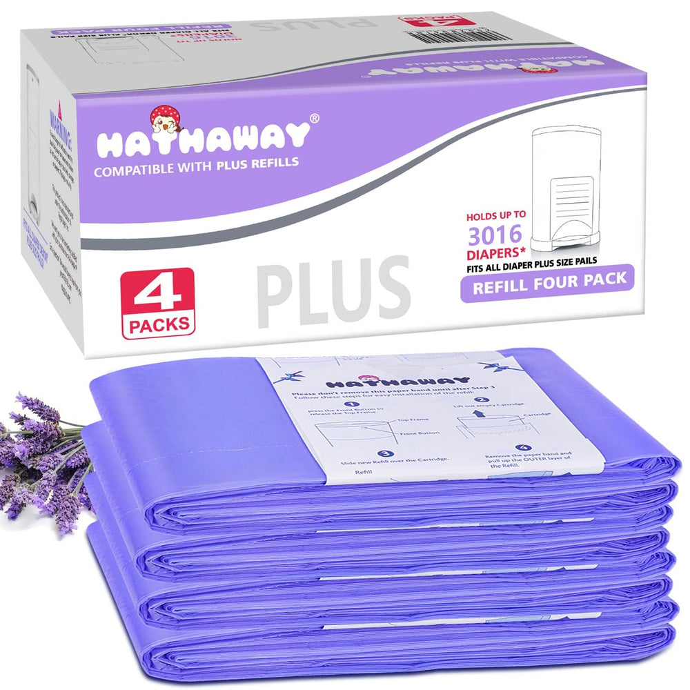 MED diaper pail refills box packaging shows four refills for Dekor Plus compatibility