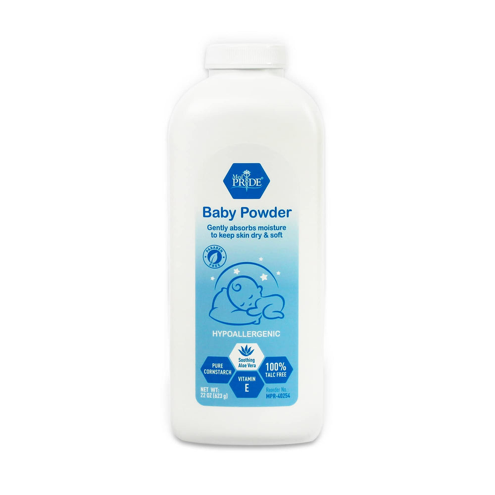 MED PRIDE baby powder bottle front showing talc-free cornstarch for moisture control
