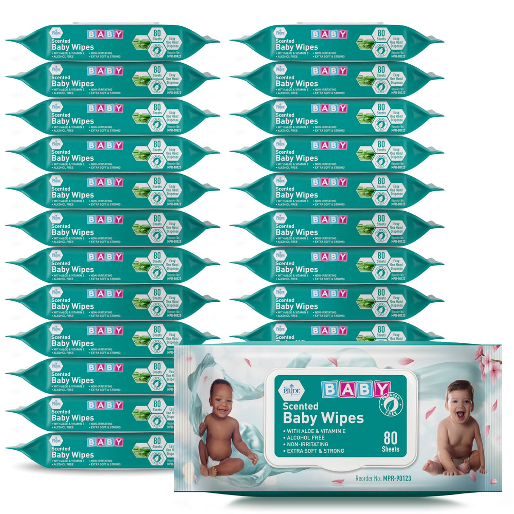 MED PRIDE Scented Baby Wipes bulk dispensing box demonstrates easy access for quick diaper changes.