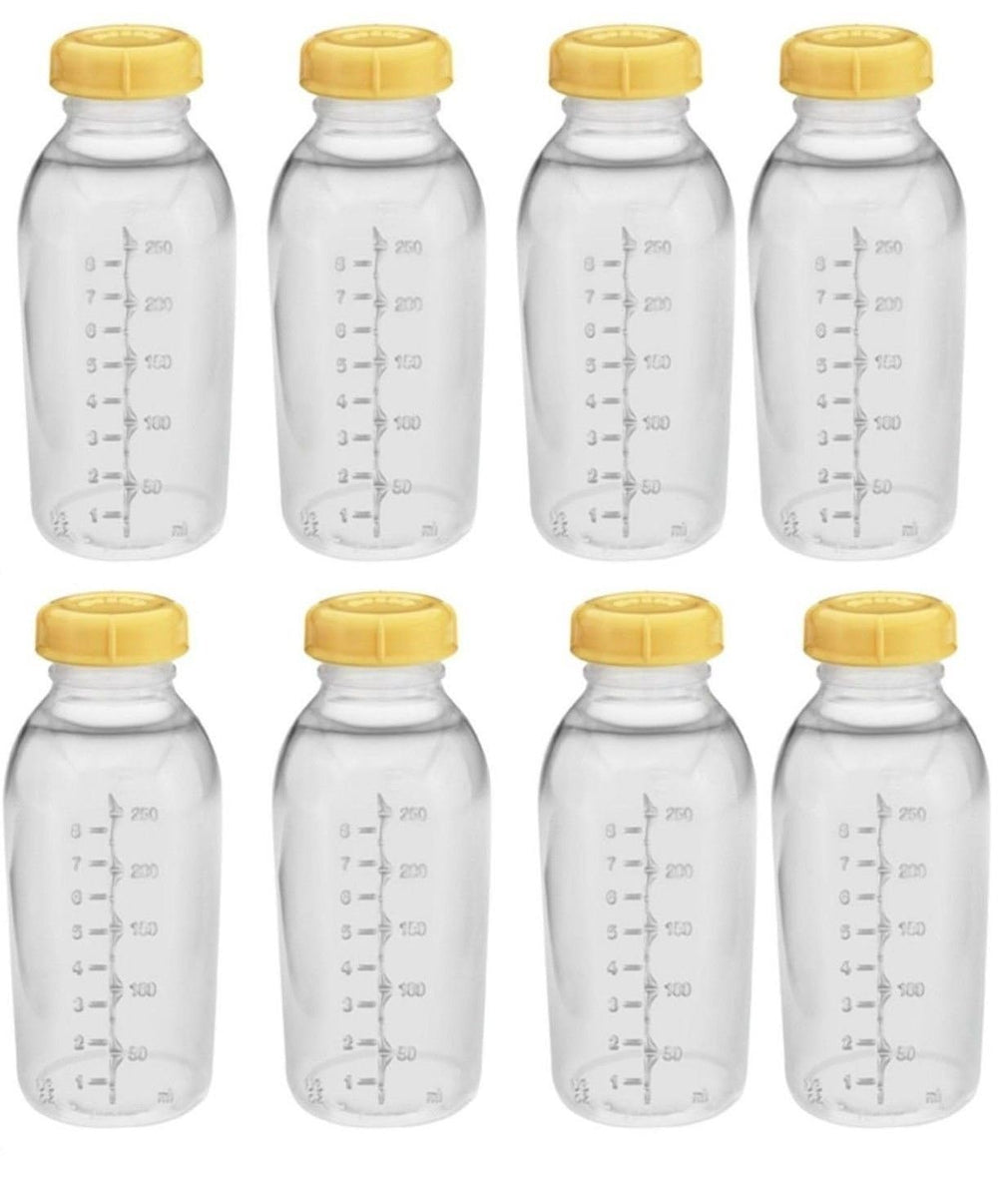 Medela 8oz breastmilk bottles in pack, BPA-free storage for safe freezing.