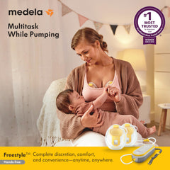 Medela Freestyle double electric pump shown in compact, portable design.