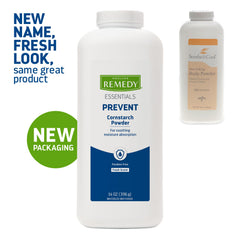 Medline Remedy Essentials Fresh Scent packaging highlights a talc-free, paraben-free formula.