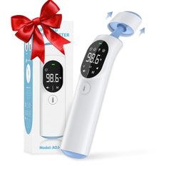 Medreign infrared thermometer shows quick forehead/ear reading on a clear LED display.