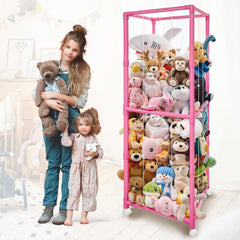 Megapuxin stuffed animal storage zoo with wheels pink front view—easy toy access for kids