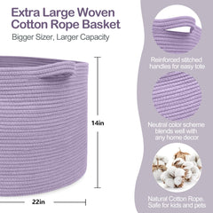 MEGASKET purple rope storage basket 22x22x14 in large size ideal for blankets and pillows.