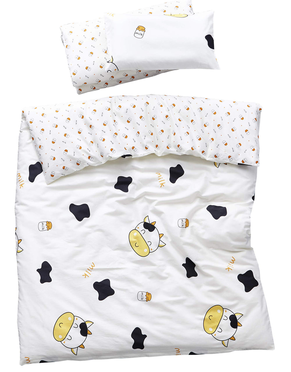 MEJU cow milk bottle duvet cover front view with cartoon design for kids' bedding