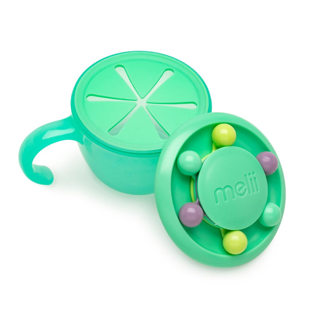 melii Abacus Snack Container mint with lid open, easy for kids to grab snacks on the go