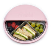 melii Bento Spin pink lid demonstrates easy opening for kids and independent snack access.