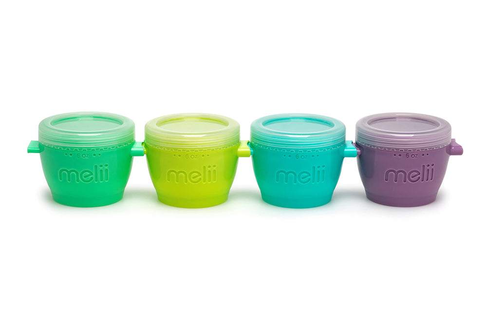 melii Snap & Go four-pack baby food containers ready for on-the-go meals.