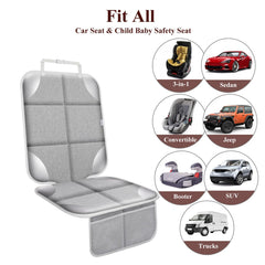 Meolsaek car seat protector shows adjustable headrest straps for easy installation.