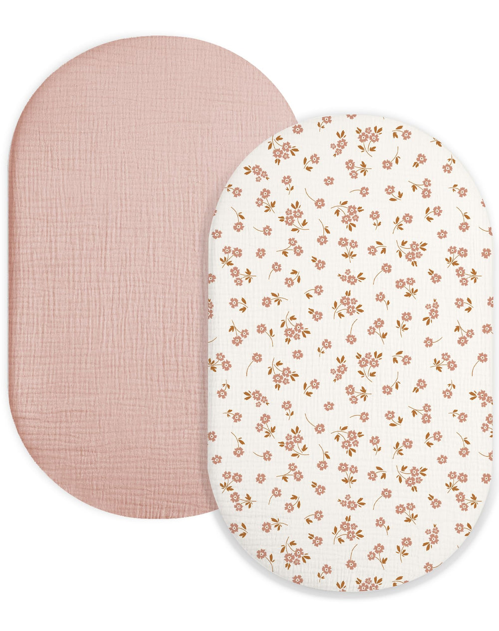 Meowcards bassinet sheet 2-pack flatlay shows soft muslin fabric for gentle baby sleep