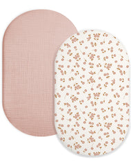 Meowcards bassinet sheet 2-pack flatlay shows soft muslin fabric for gentle baby sleep