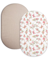 Meowcards bassinet sheet butterfly beige close-up—soft muslin promotes gentle sleep for newborns.