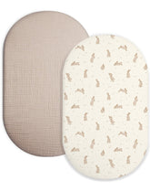 Meowcards bassinet sheet shows rectangle-oval-hourglass fit for secure bassinet sleeping surface.