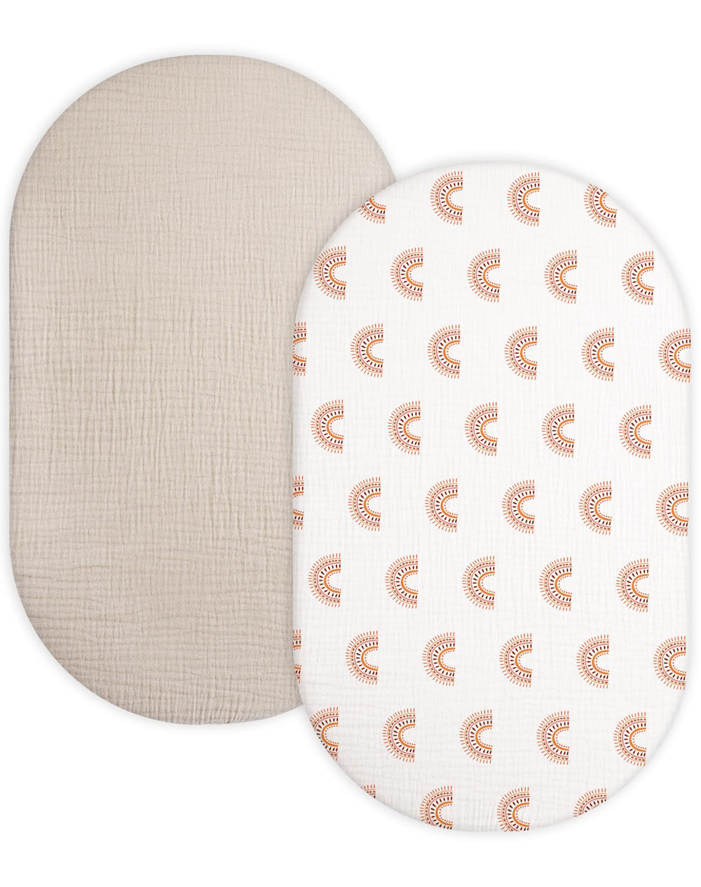 Meowcards bassinet sheet beige close-up highlighting soft muslin cotton for gentle skin.