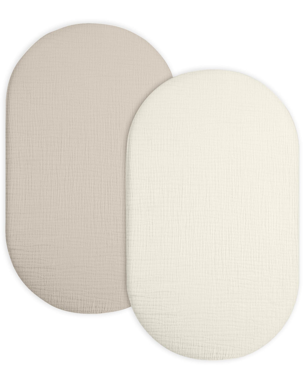 Meowcards bassinet sheet two-pack in beige and cream for soft, cozy sleep.