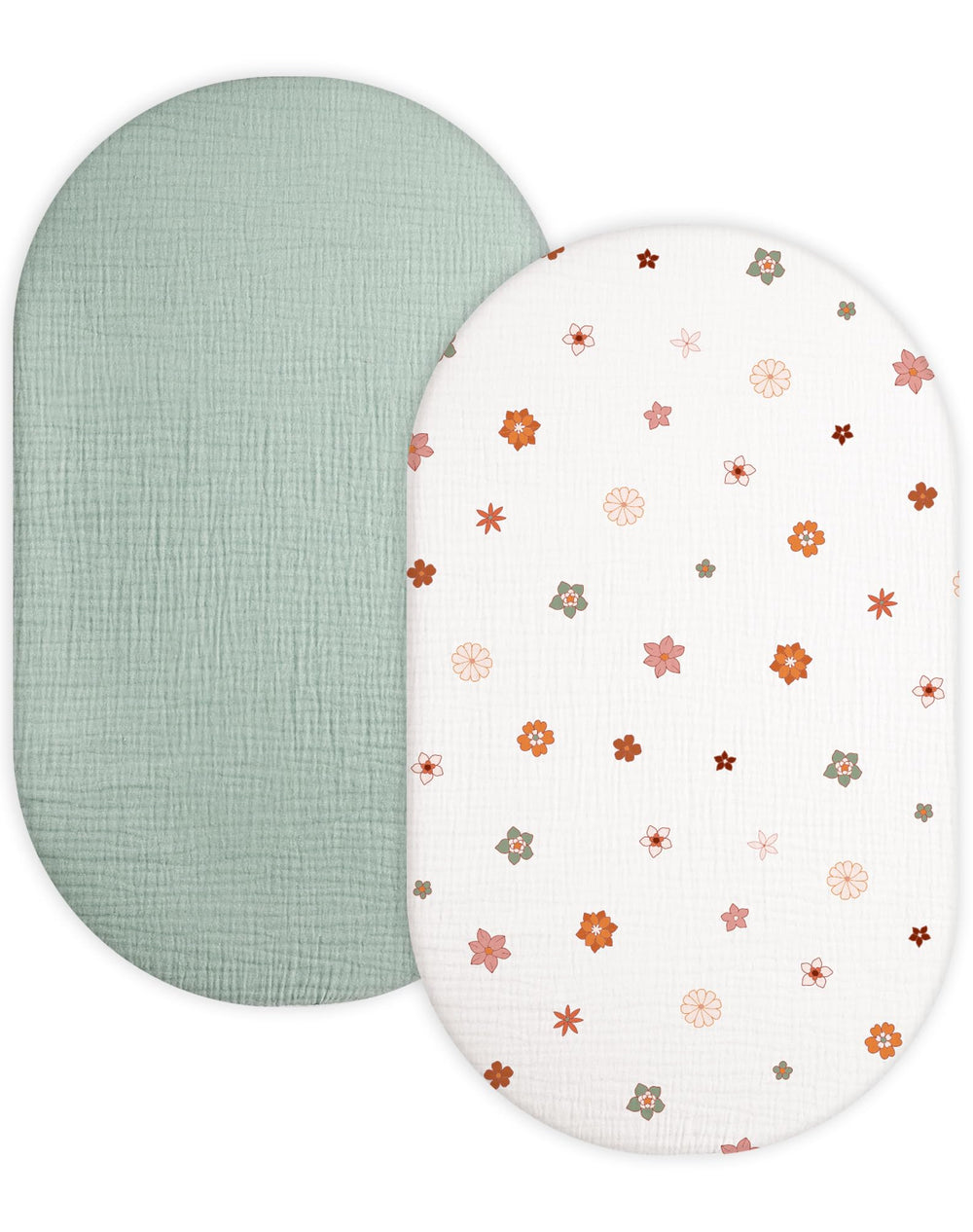 Meowcards bassinet sheet two-pack in soft muslin for gentle skin comfort.