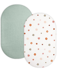 Meowcards bassinet sheet two-pack in soft muslin for gentle skin comfort.