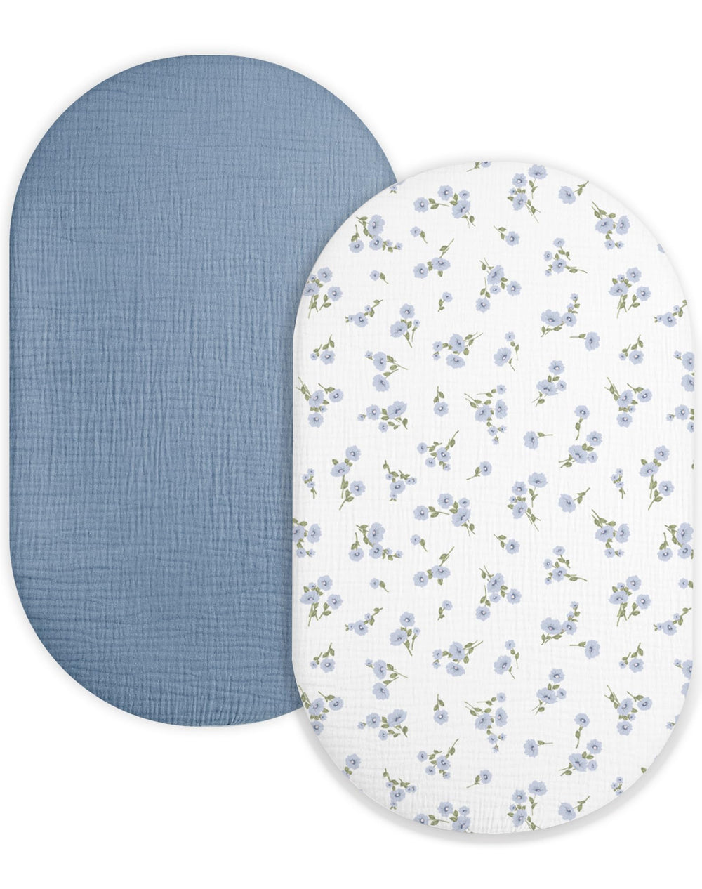 Meowcards bassinet sheets flatlay showing muslin fabric and Bluebell Bloom color for baby comfort